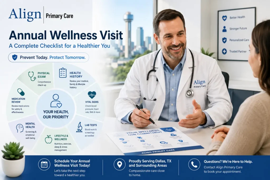 Doctor explaining what is included in an annual wellness visit to an adult patient at Align Primary Care Dallas TX.