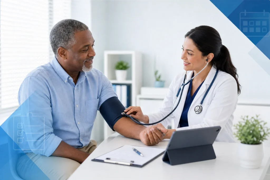 Adult patient completing an annual wellness visit with a Dallas primary care clinician