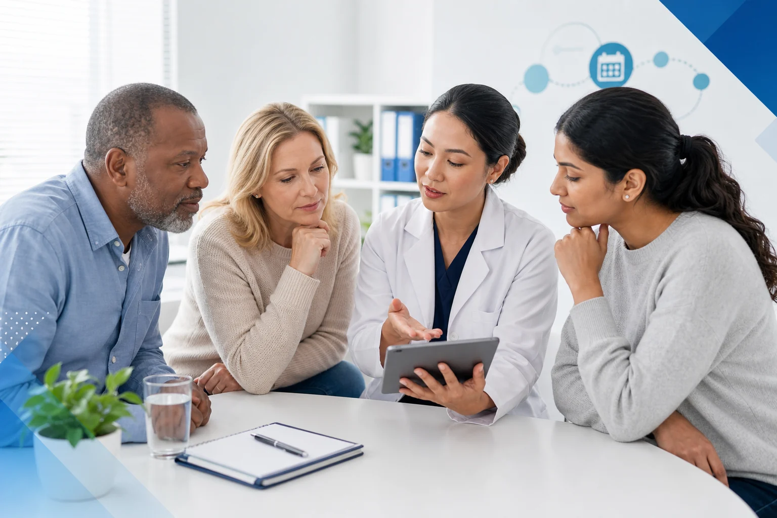 Adults reviewing an age-appropriate cancer screening plan with a primary care clinician