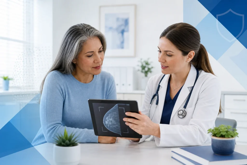 Clinician reviewing a cancer screening plan with an adult patient in Dallas