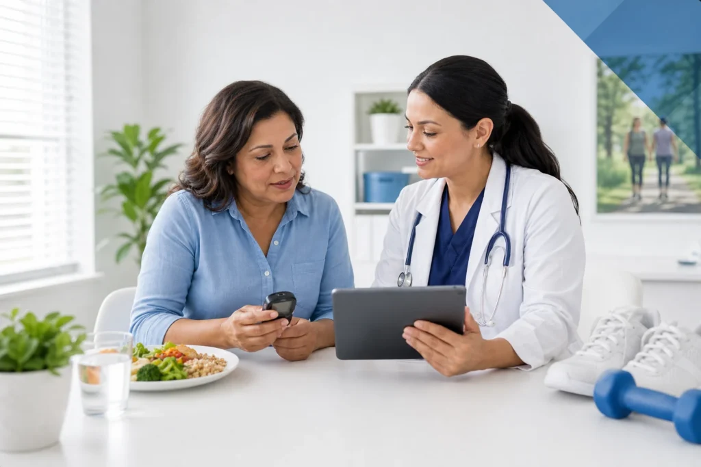 Patient and clinician reviewing a diabetes management plan with healthy lifestyle supports