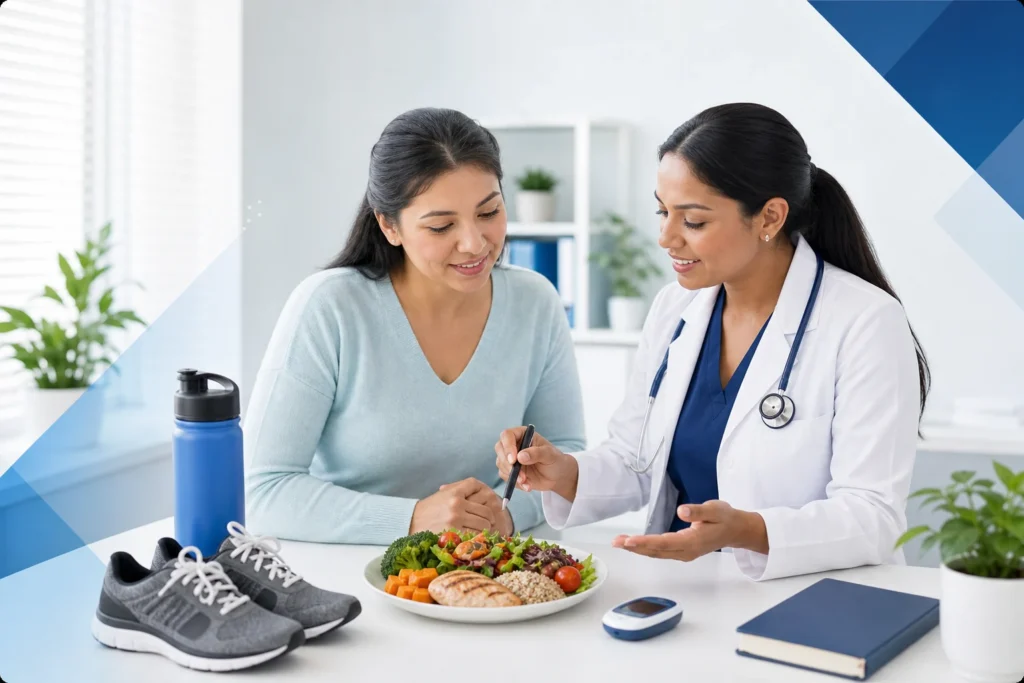Clinician discussing balanced meals and daily habits that support healthy blood sugar
