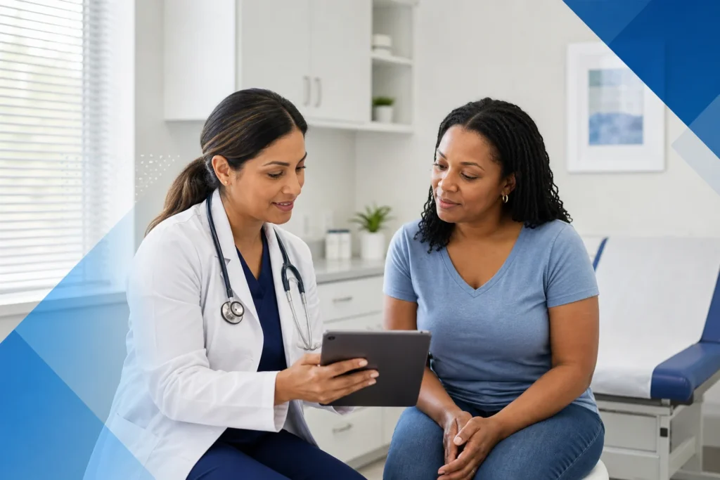 Woman receiving personalized preventive women’s health guidance from a clinician in Dallas